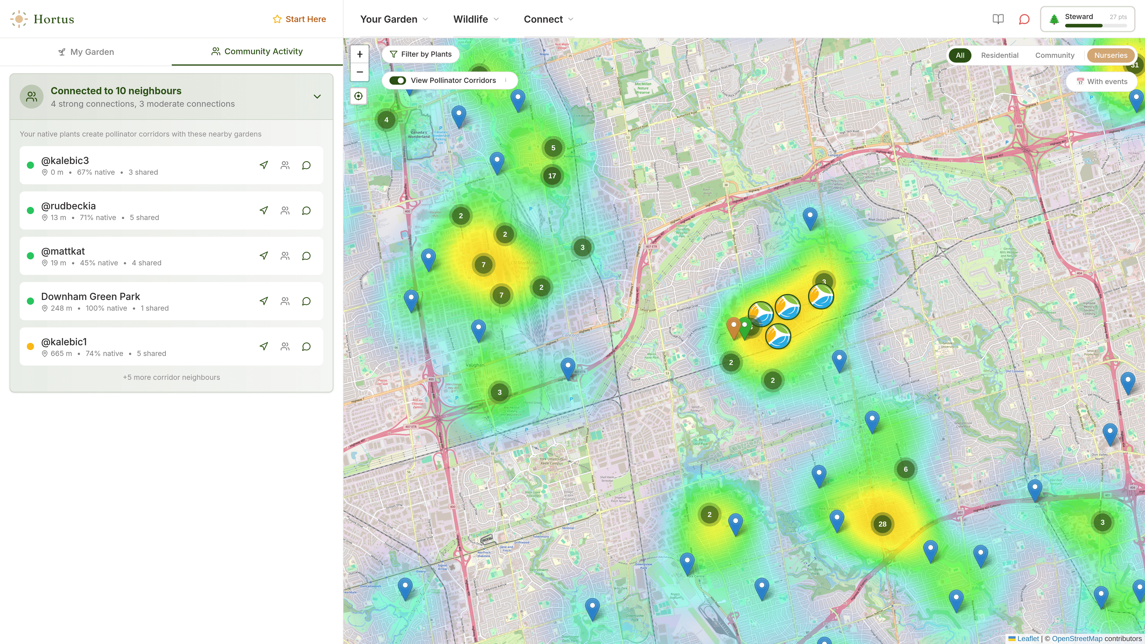 Pollinator corridor heatmap showing biodiversity connections across gardens
