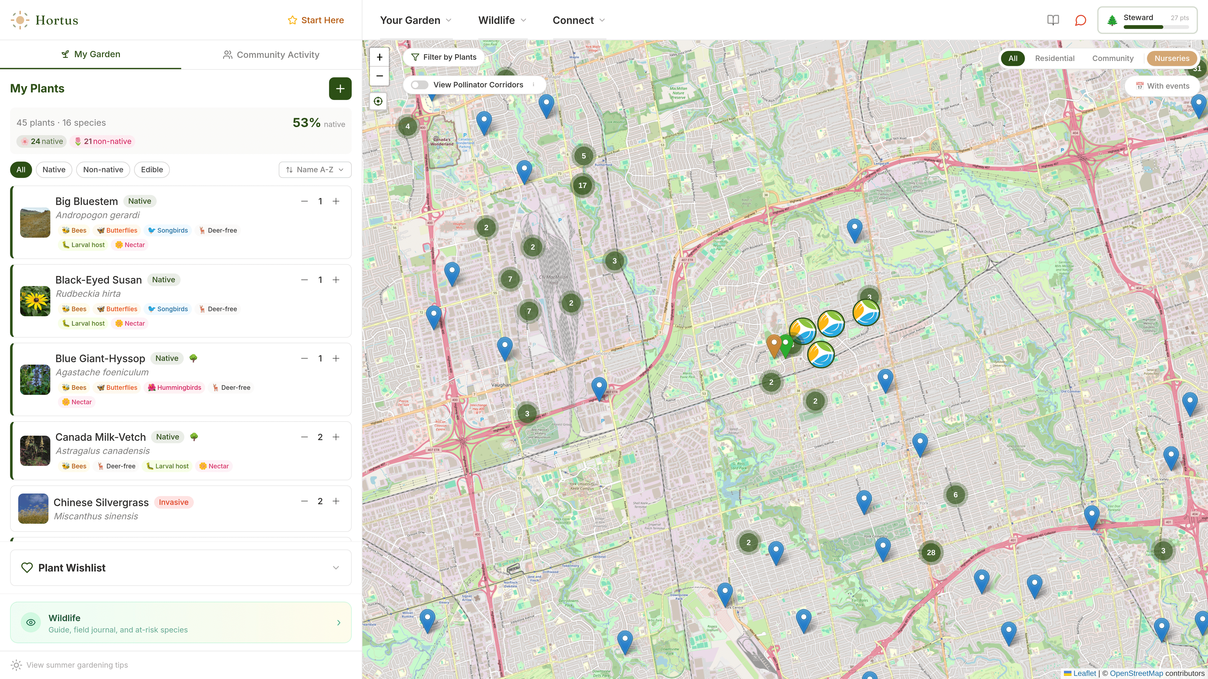 Wildlife Guide showing species supported, specialists, and at-risk species