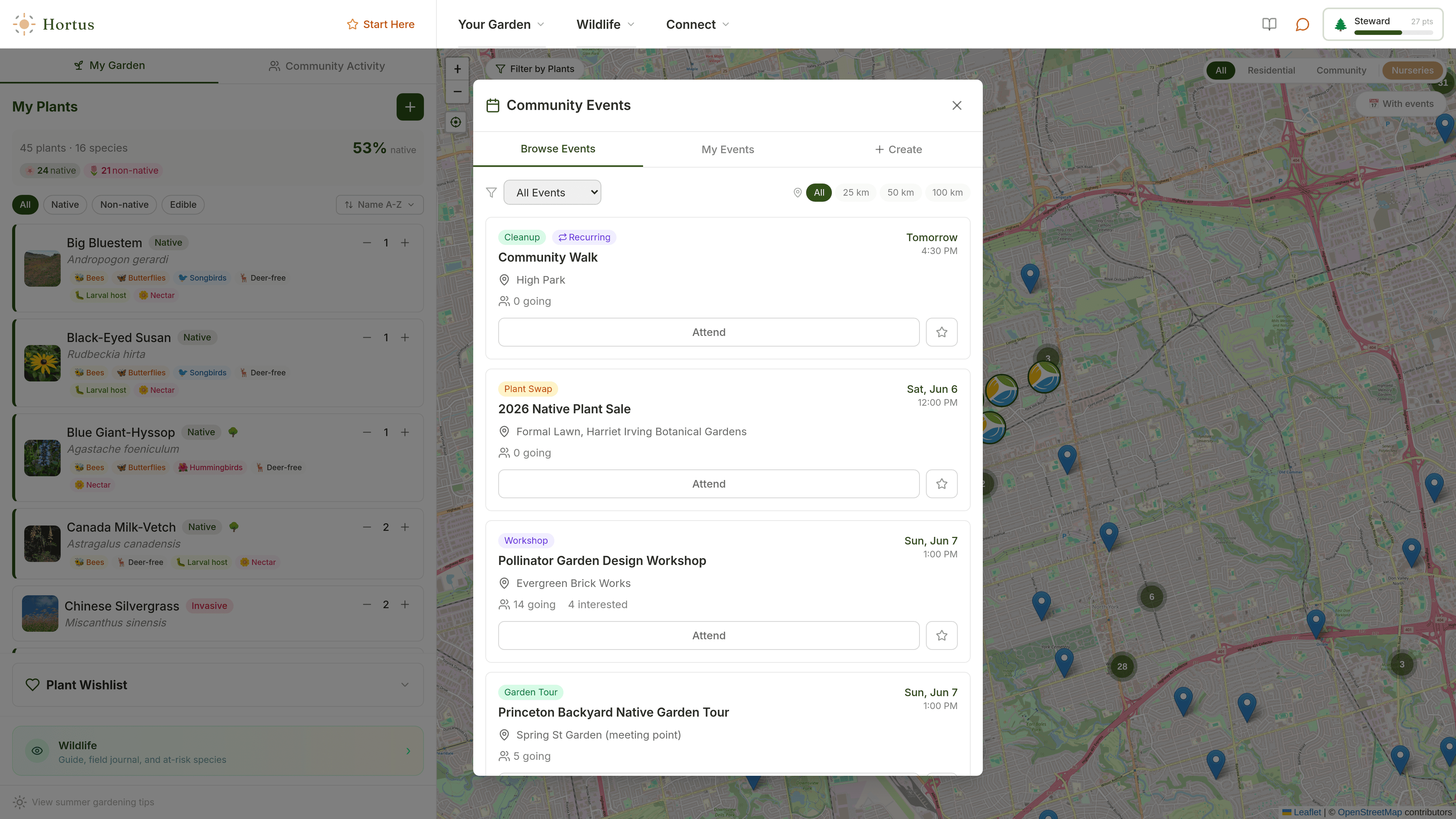 Community events list with RSVP and distance filters
