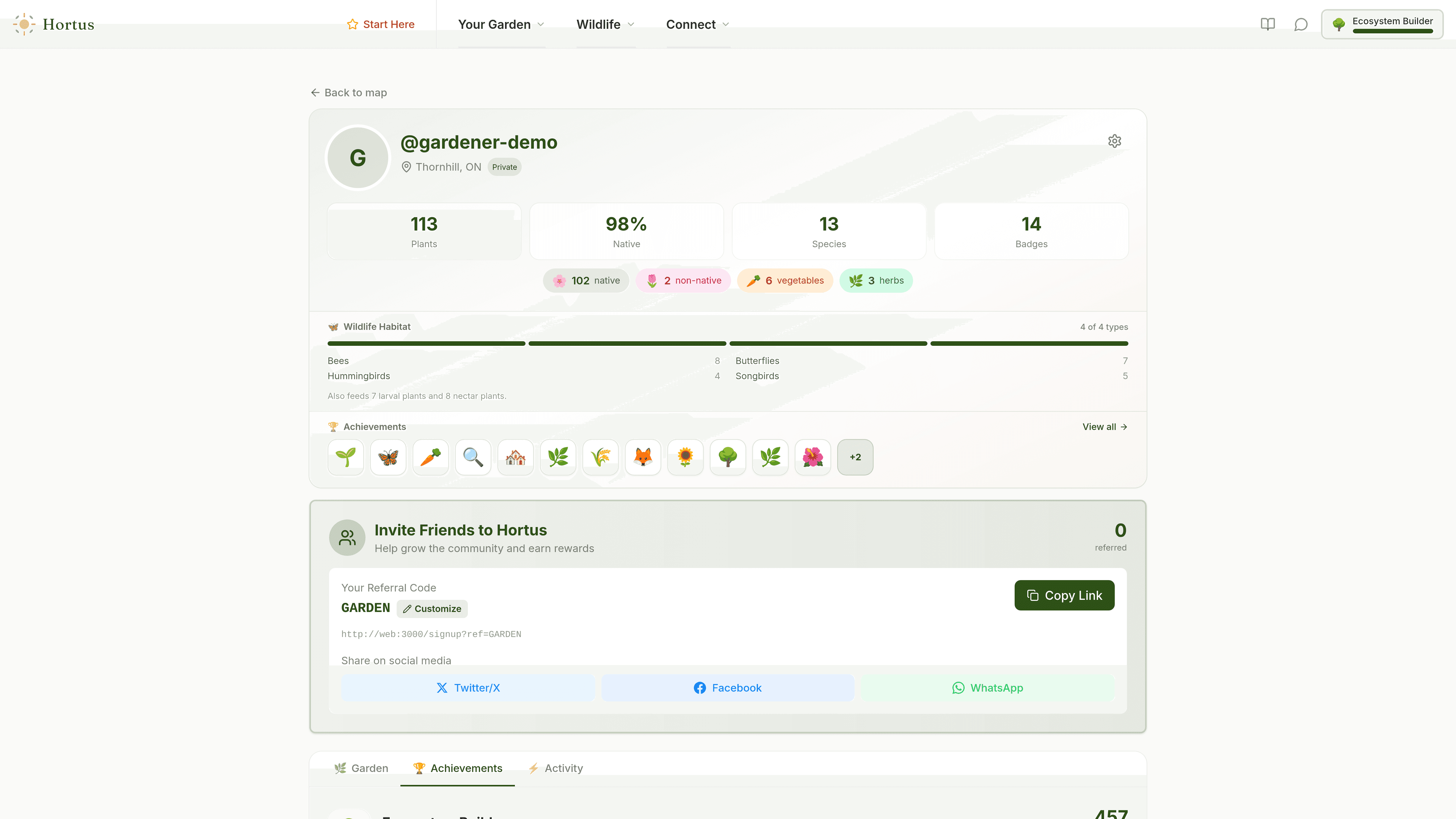 Achievement badges, level progression, and Garden Score